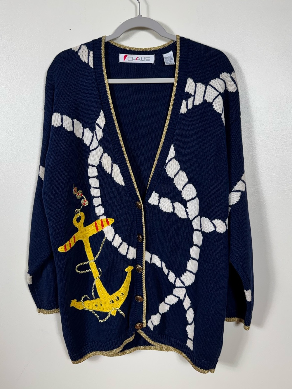 Vintage Chaus Nautical Anchor Rope Cardigan Sweater Jumper Large Chunky Coastal